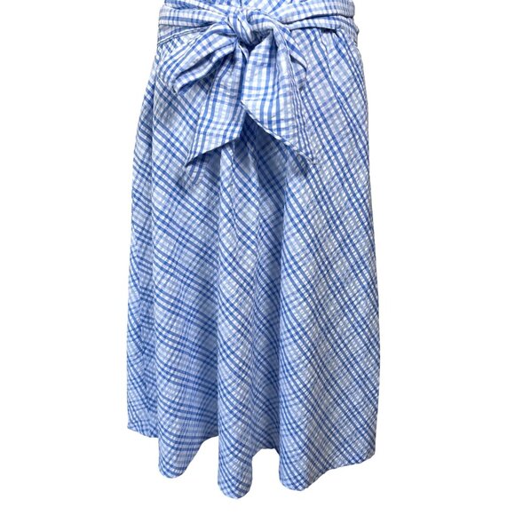 Anne Klein Dress Size 12 Seersucker Gingham Midi Sleeveless Belted Classic Blues - Picture 3 of 10